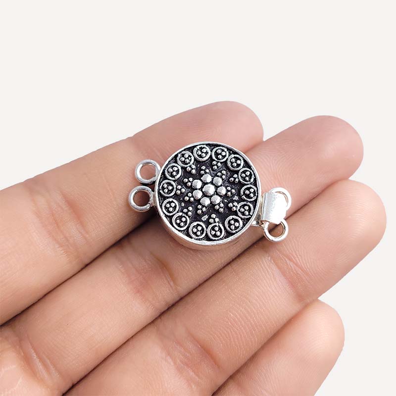 Silver Overlay Over Copper India Box Clasp With 2 Hole with beaded oxidized finish.