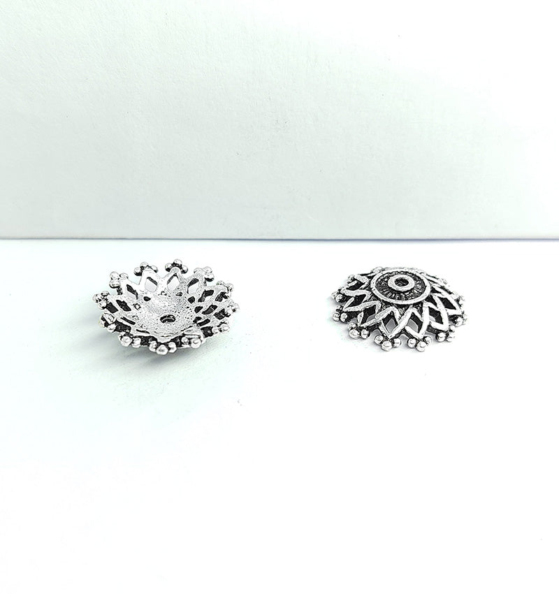 Silver Overlay Over Copper floral round bead cap with center hole and antique finish.