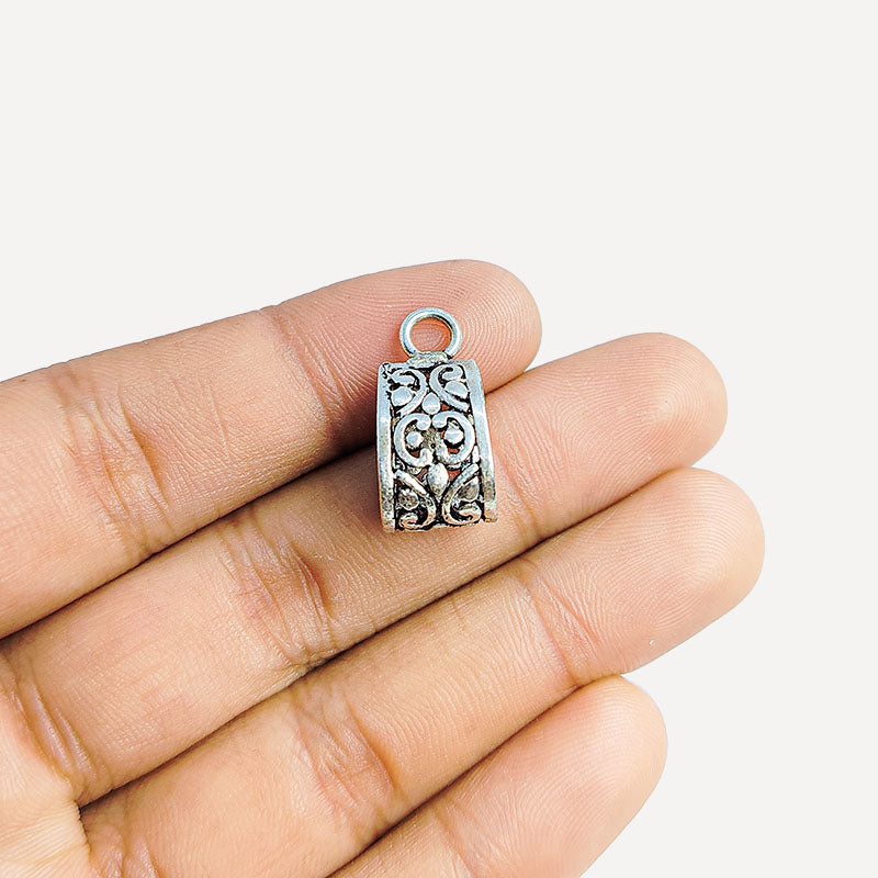 Silver Overlay Over Copper wide decorative Pendant Bail handcrafted in India with floral scroll detailing and antique finish for jewelry making.