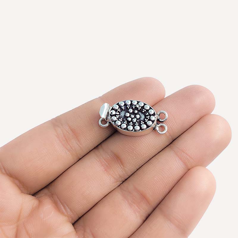 Silver Overlay Over Copper Box Clasp With 2 Hole handcrafted in India with antique oxidized finish and floral raised design for jewelry making.