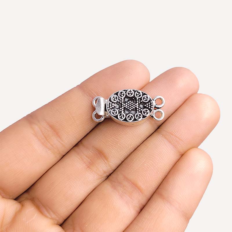 Silver Overlay Over Copper Box Clasp With 2 Hole handcrafted in India with antique finish and embossed circular design for jewelry making.