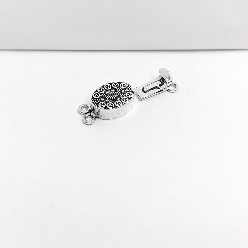 Silver Overlay Over Copper Box Clasp With 2 Hole handcrafted in India with antique finish and embossed circular design for jewelry making.