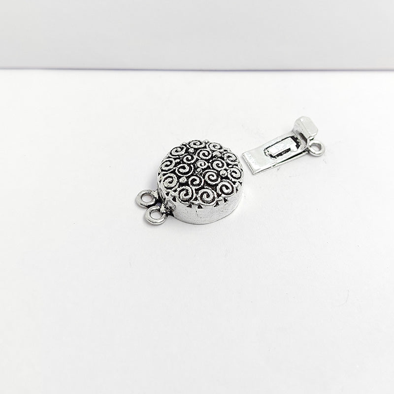 Silver Overlay Over Copper Box Clasp With 2 Hole handcrafted in India with spiral swirl design and antique finish for jewelry making.