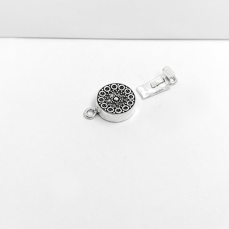 Silver Overlay Over Copper Box Clasp With 1 Hole handcrafted in India with floral embossed detailing and antique finish for jewelry making.