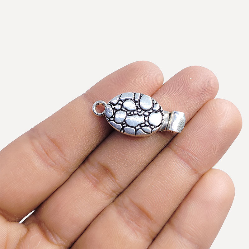 Silver Overlay Over Copper Box Clasp handcrafted in India with antique finish and pebble texture design for jewelry making.