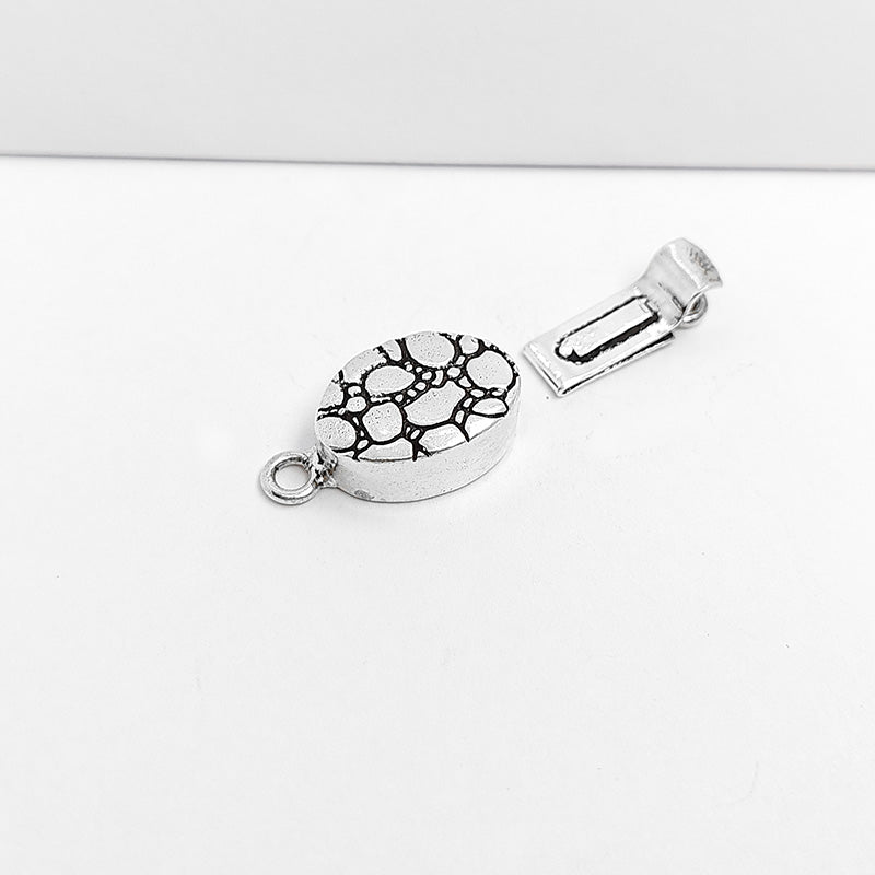Silver Overlay Over Copper Box Clasp handcrafted in India with antique finish and pebble texture design for jewelry making.