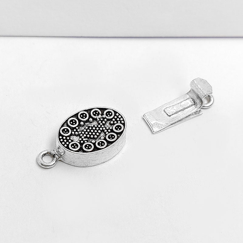 Silver Overlay Over Copper Box Clasp handcrafted in India with floral embossed design and antique finish for jewelry making.