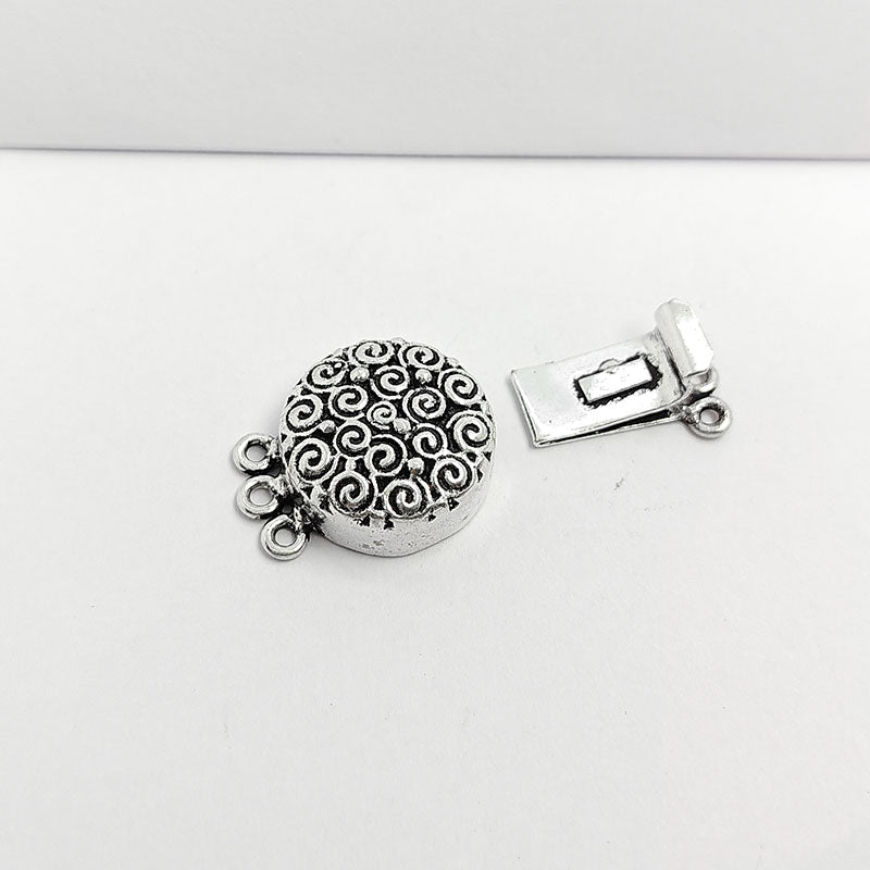 Silver Overlay Over Copper Box Clasp With 3 Hole handcrafted in India with spiral embossed detailing and antique finish for jewelry making.