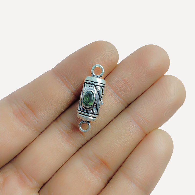 Silver Overlay Over Copper green oval stone clasp handcrafted in India with vintage oxidized detailing.