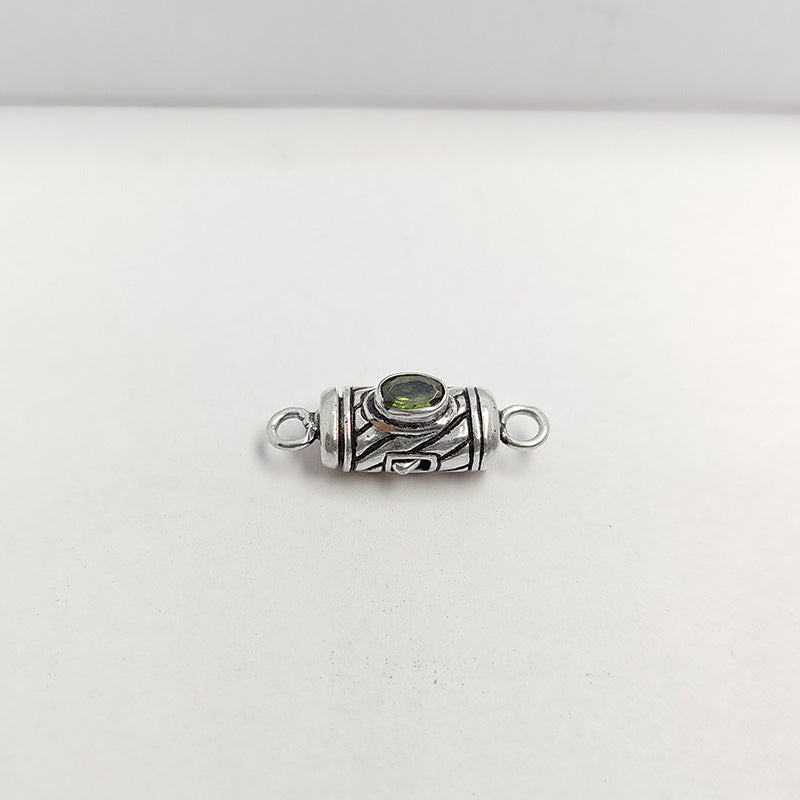 Silver Overlay Over Copper green oval stone clasp handcrafted in India with vintage oxidized detailing.