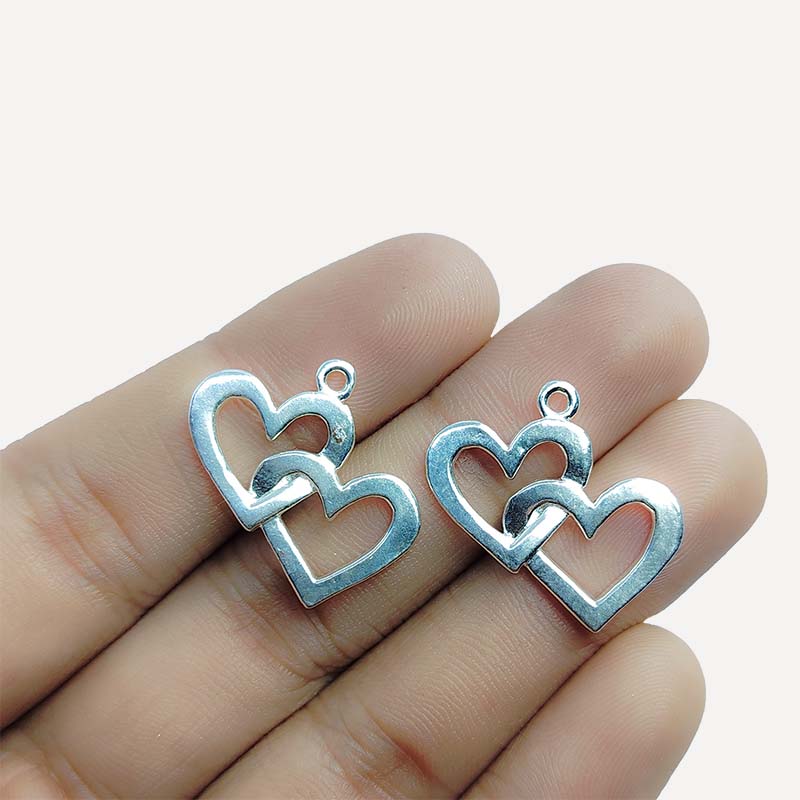 Silver Overlay Double Heart Charm handcrafted in India with oxidized finish for romantic and DIY jewelry designs.