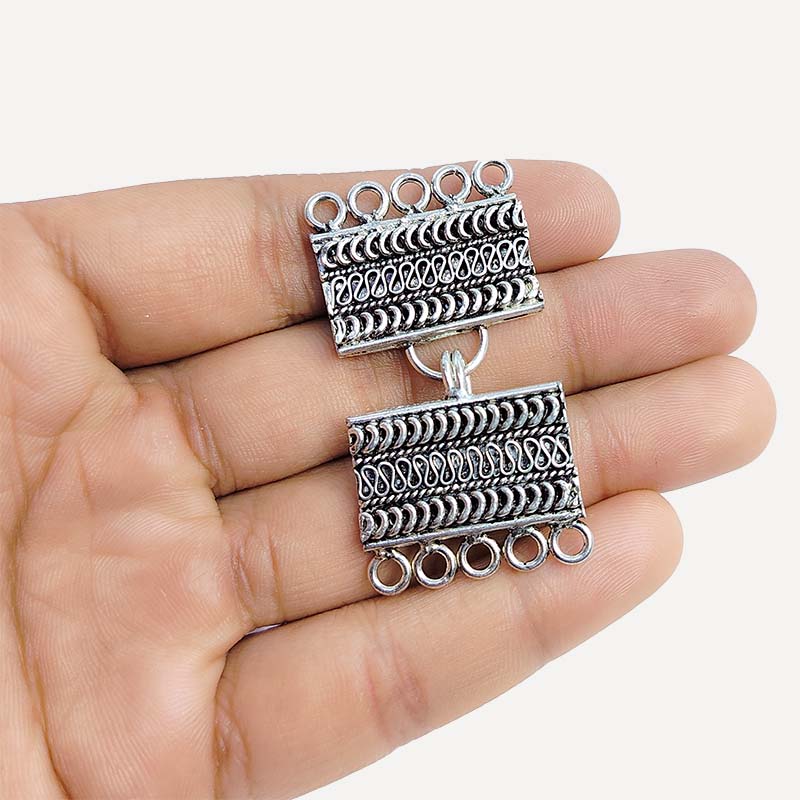 Silver Overlay Over Copper handcrafted rectangular multi-loop jewelry clasp from India with antique silver finish
