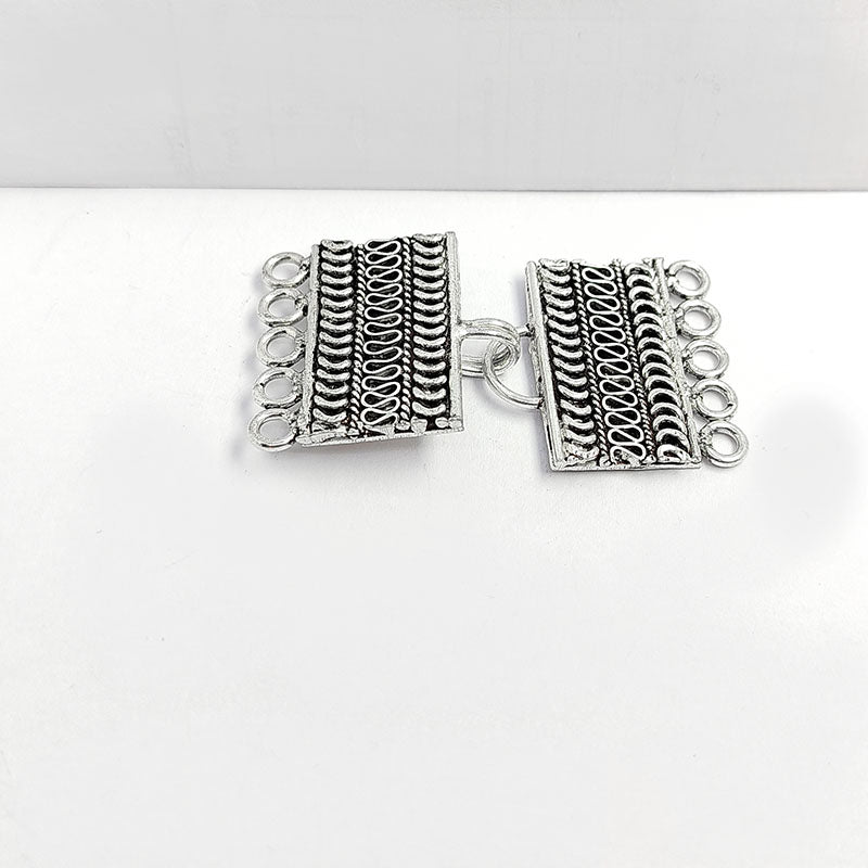 Silver Overlay Over Copper handcrafted rectangular multi-loop jewelry clasp from India with antique silver finish