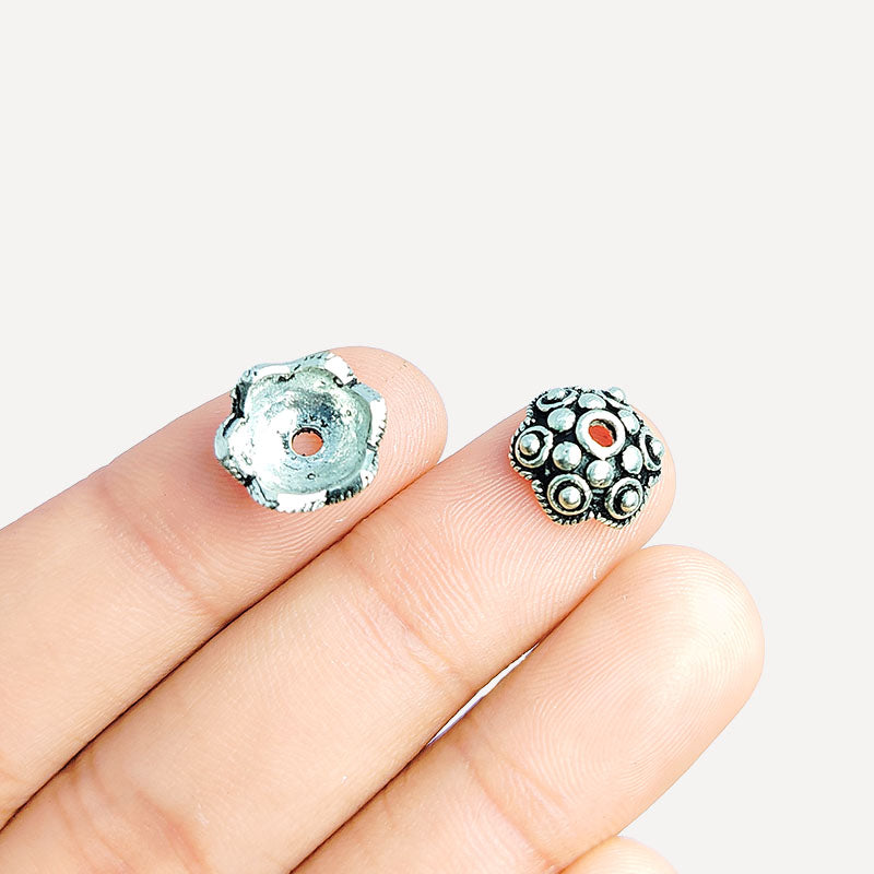 Silver overlay over copper decorative dome bead caps with oxidized finish, handcrafted in India for jewelry making