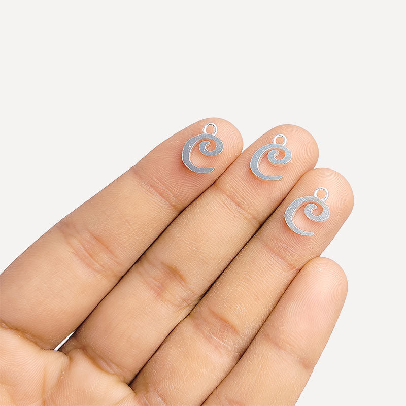 Silver overlay over copper alphabet C Charm with curved script design, handcrafted in India for personalized jewelry