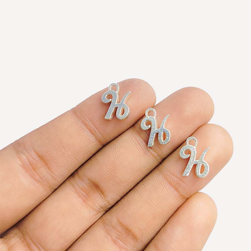 Silver overlay over copper alphabet H Charm with ornamental script design, handcrafted in India for personalized jewelry