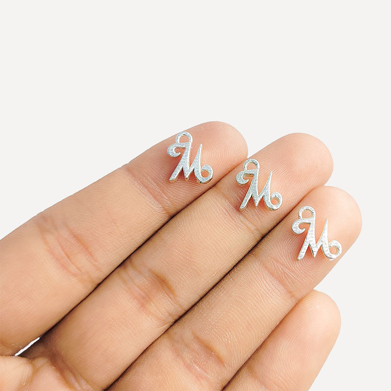 Silver overlay over copper alphabet M Charm with textured design, handcrafted in India for personalized jewelry