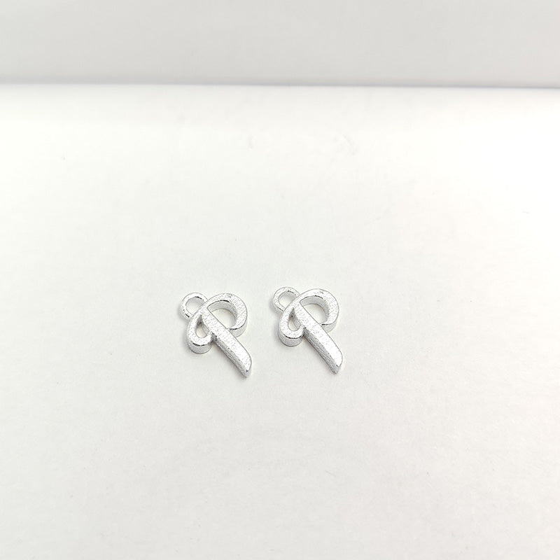 Handcrafted Silver Overlay Over Copper alphabet “P” charm from India with polished textured finish for handmade personalized jewelry.