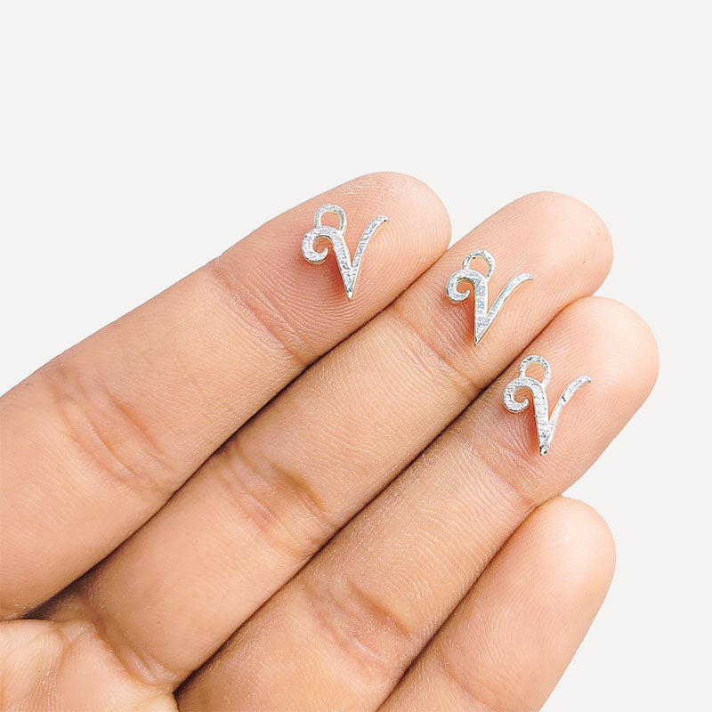 Handcrafted Silver Overlay Over Copper alphabet “V” charm from India with polished textured finish for handmade jewelry.