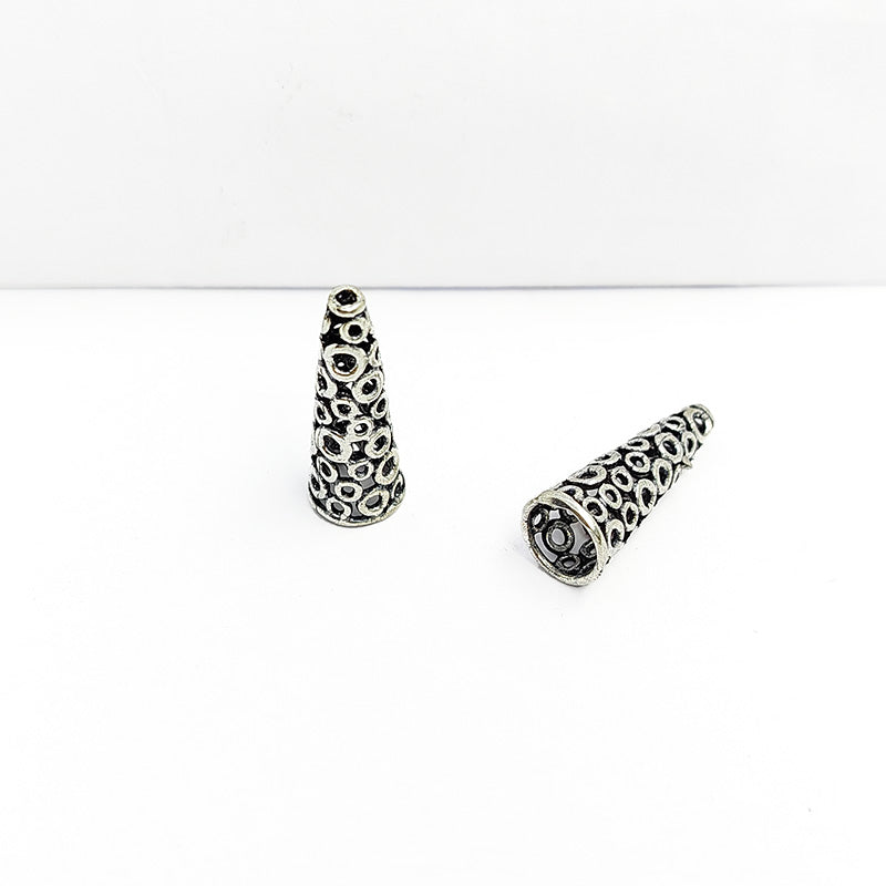 Handcrafted Silver Overlay Over Copper cone and round bead set from India with oxidized silver finish for artistic handmade jewelry.