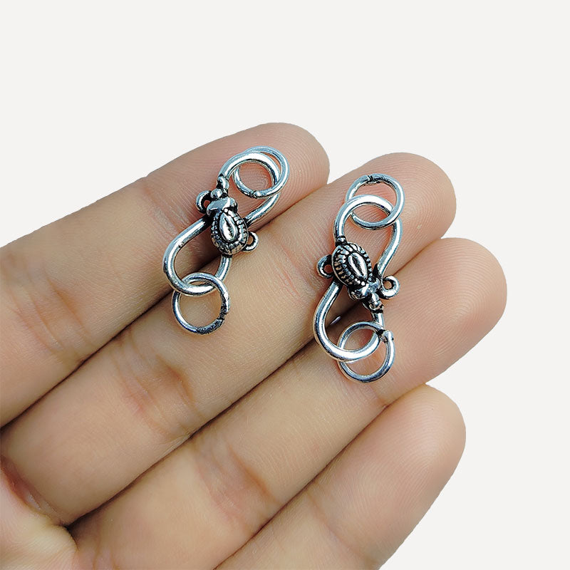 Handcrafted Silver Overlay Over Copper “S” Hook Clasp from India with oxidized antique finish for vintage and boho jewelry.