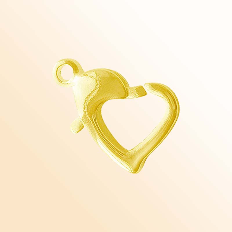 Handmade 18K gold overlay over copper heart shape lobster clasp from India with polished finish for jewelry making.