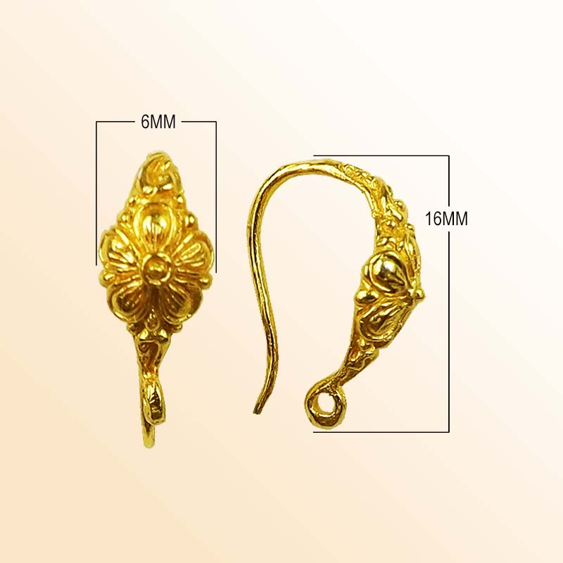 Handcrafted 18K Gold Overlay Floral Motif Hook Earwire Jewelry Connector From India