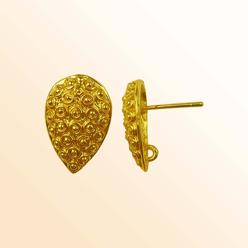Handcrafted 18K Gold Overlay Teardrop Textured Stud Earwire Jewelry Connector From India