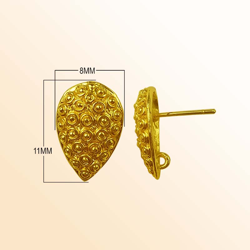 Handcrafted 18K Gold Overlay Teardrop Textured Stud Earwire Jewelry Connector From India