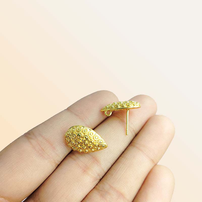 Handcrafted 18K Gold Overlay Teardrop Textured Stud Earwire Jewelry Connector From India
