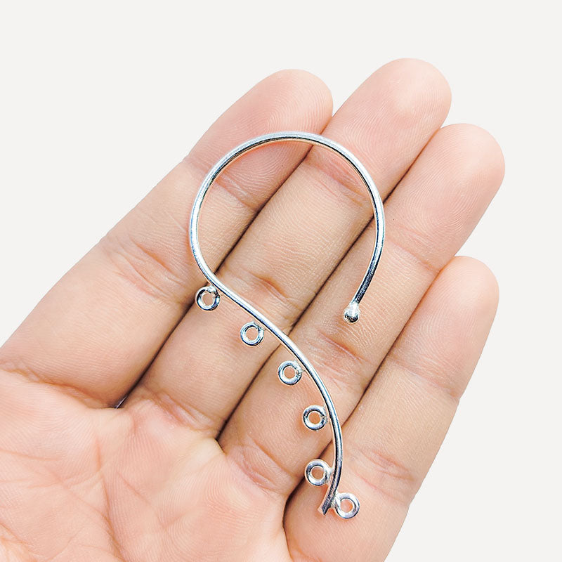 Handcrafted Silver Overlay Over copper chandelier ear cuff finding with six loops for DIY statement jewelry making, artisan quality from India.