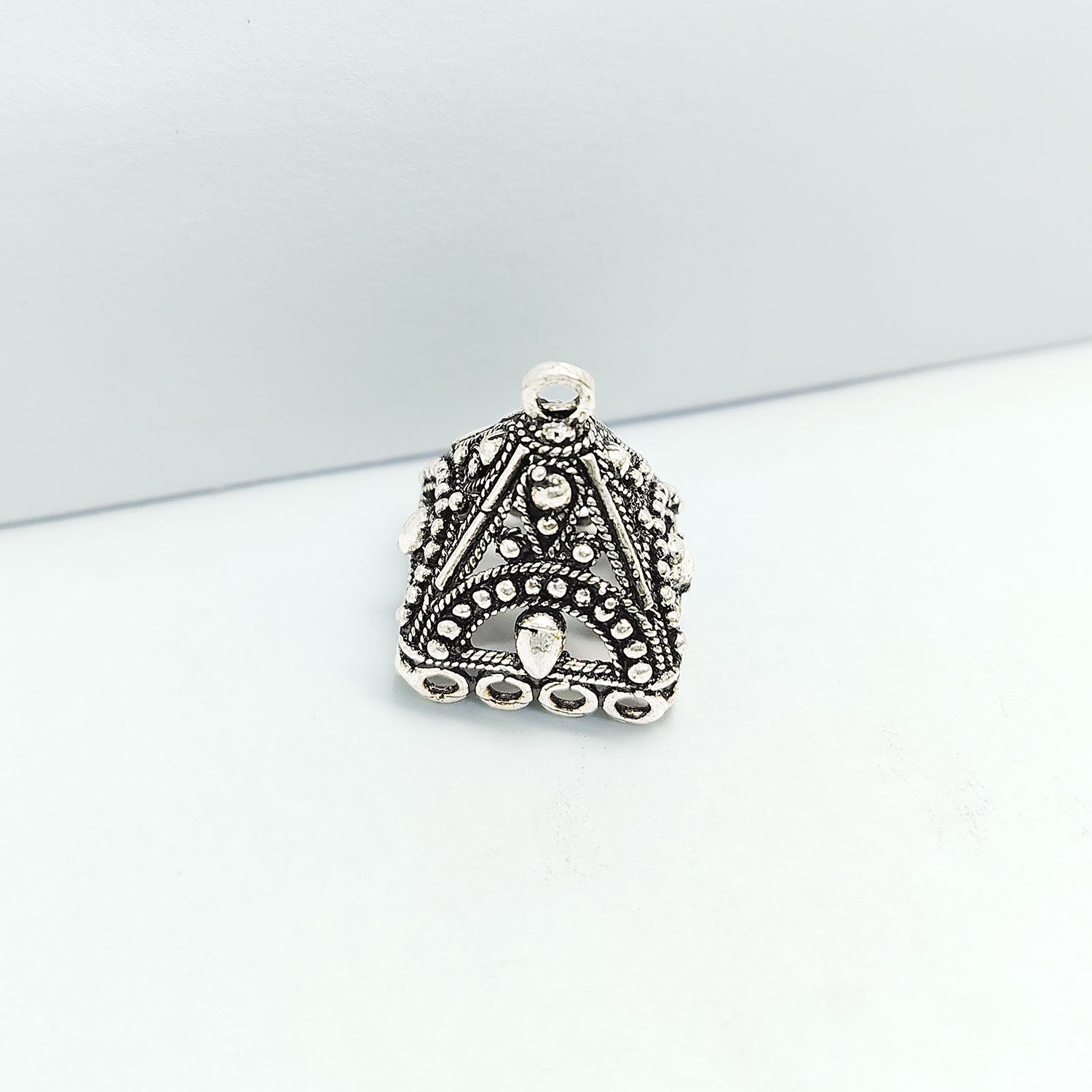 Handcrafted Silver Overlay Pyramid Bead Cap from India with polished silver overlay finish