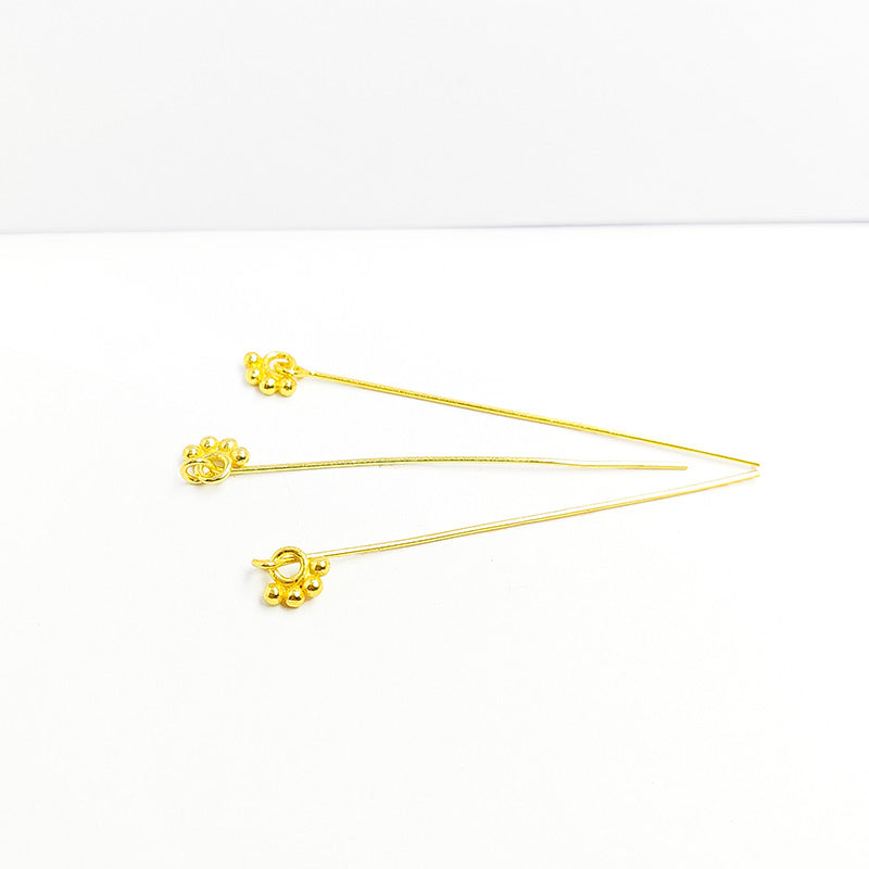 Artistic long head pin with floral granulated cluster in 18K gold overlay handcrafted in India.