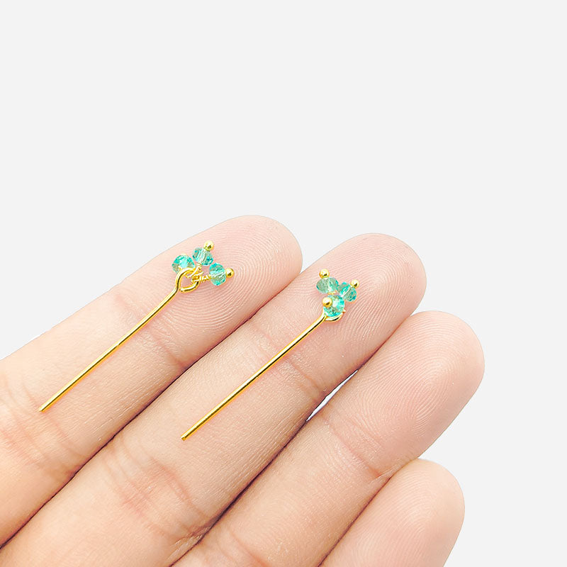 Artistic 18K gold overlay head pin with faceted blue crystal quartz beads handcrafted in India.