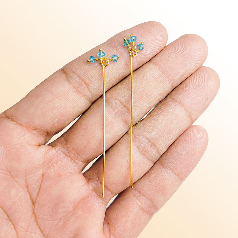 Artistic 18K gold overlay head pin with faceted blue crystal quartz beads handcrafted in India.