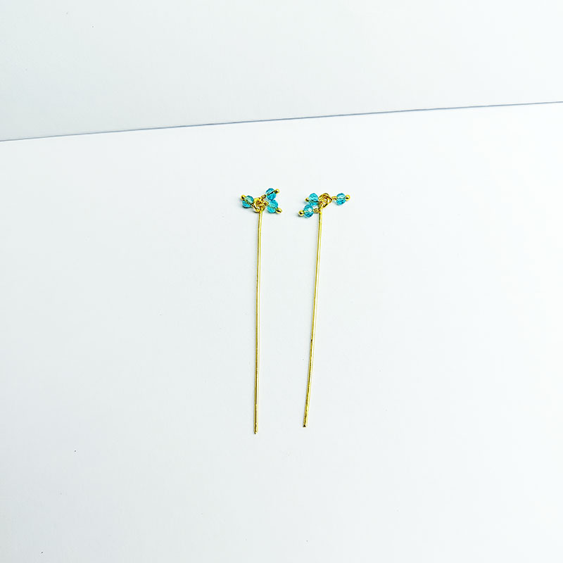 Artistic 18K gold overlay head pin with faceted blue crystal quartz beads handcrafted in India.