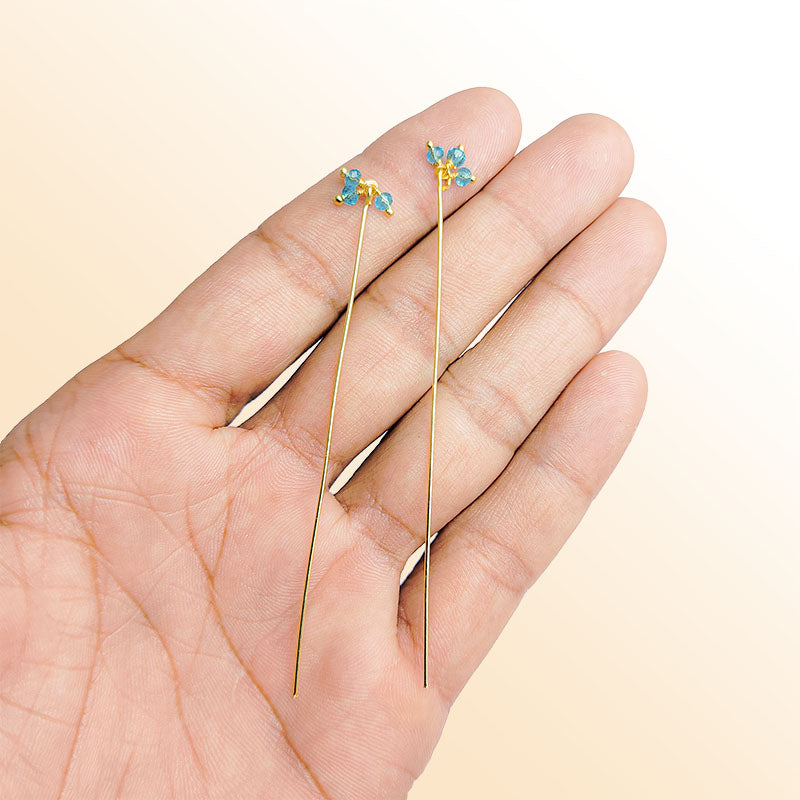 Artistic 18K gold overlay head pin with faceted blue crystal quartz beads handcrafted in India.