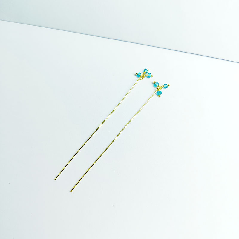 Artistic 18K gold overlay head pin with faceted blue crystal quartz beads handcrafted in India.