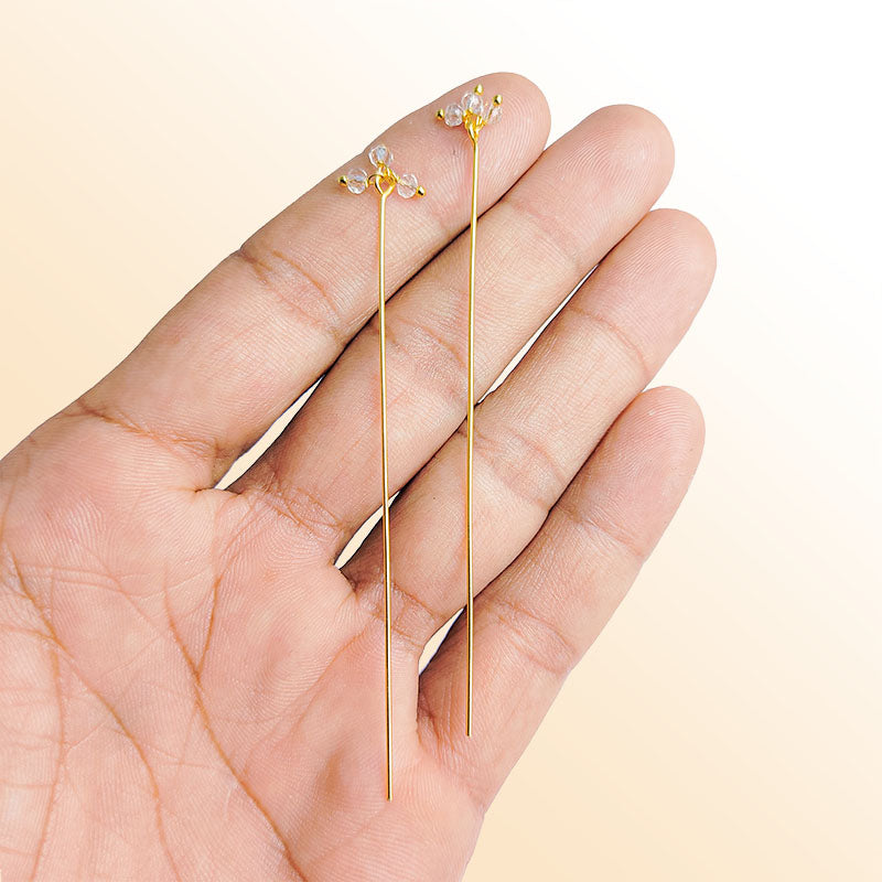 Artistic 18K gold overlay head pin with faceted White Crystal Quartz beads handcrafted in India.