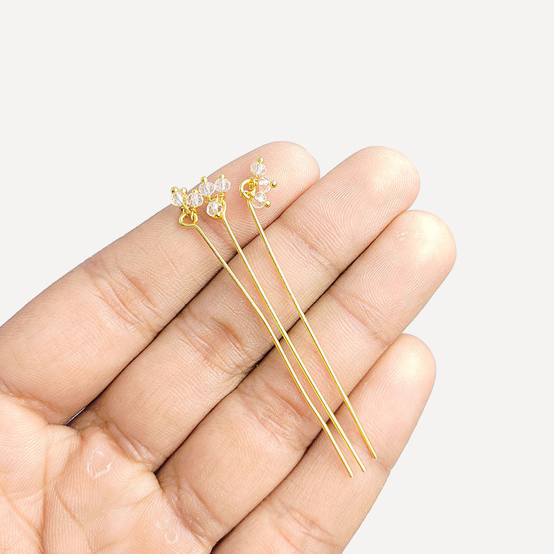 Artistic 18K gold overlay head pin with faceted White Crystal Quartz beads handcrafted in India.