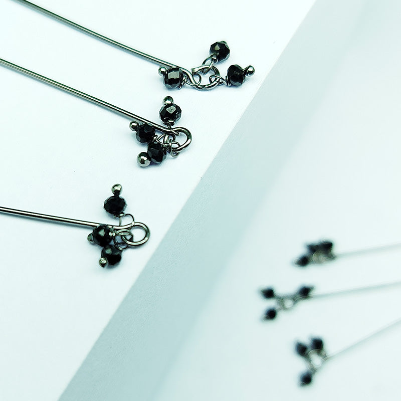 India handcrafted black crystal quartz cluster pin with black rhodium overlay over copper for retail jewelry crafting.