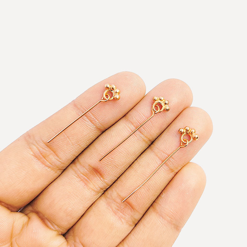 India handcrafted rose gold overlay over copper floral cluster head pin for retail jewelry crafting.