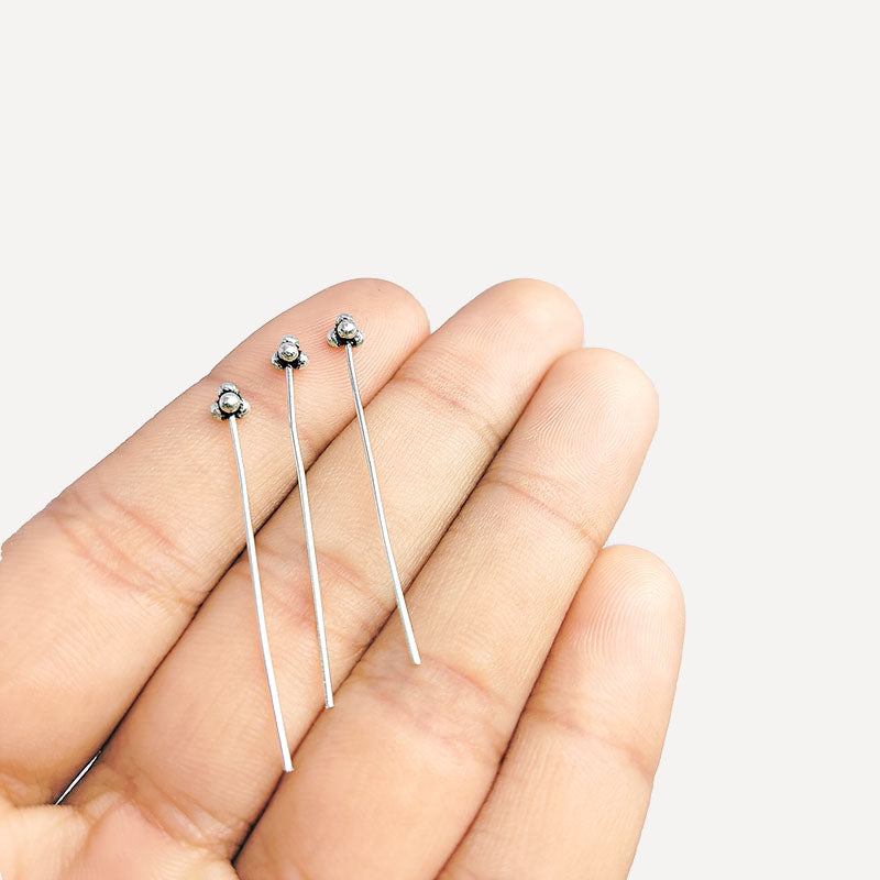 India handcrafted silver overlay over copper triple-ball decorative head pin for retail jewelry crafting.