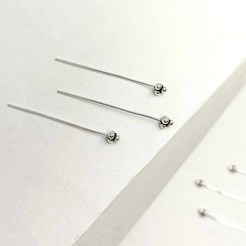 India handcrafted silver overlay over copper triple-ball decorative head pin for retail jewelry crafting.