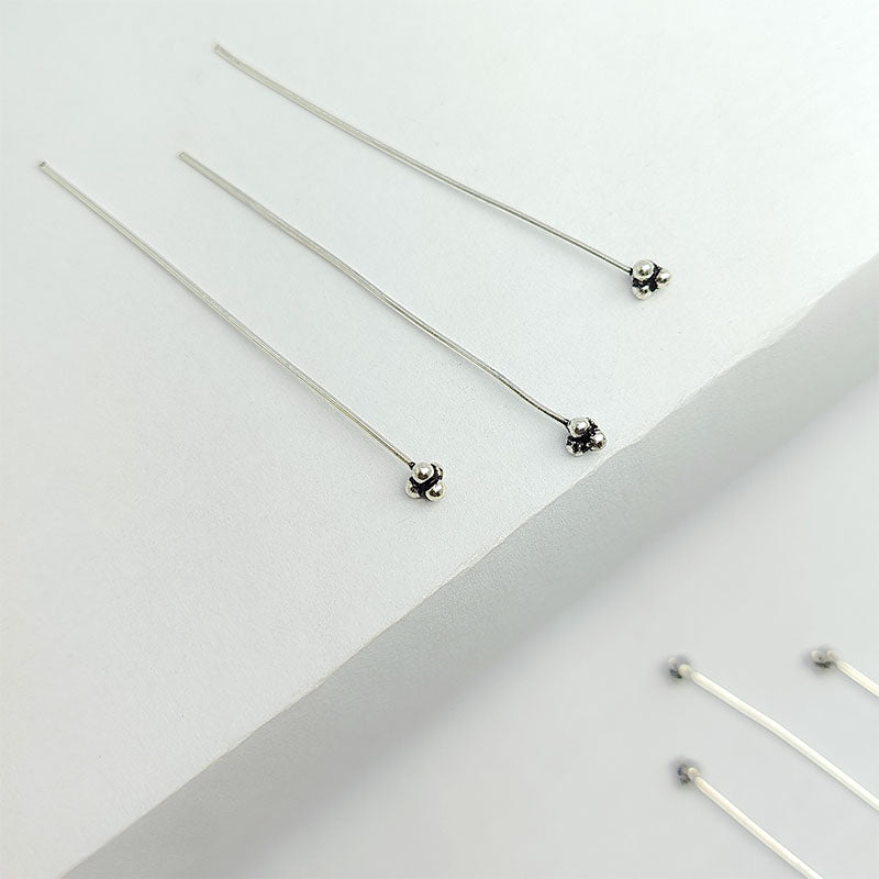 India handcrafted silver overlay over copper triple-ball design head pin for retail jewelry crafting.