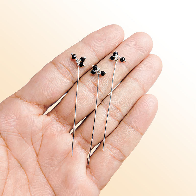 Handcrafted Silver Overlay India headpin with Black Crystal Quartz floral beads
