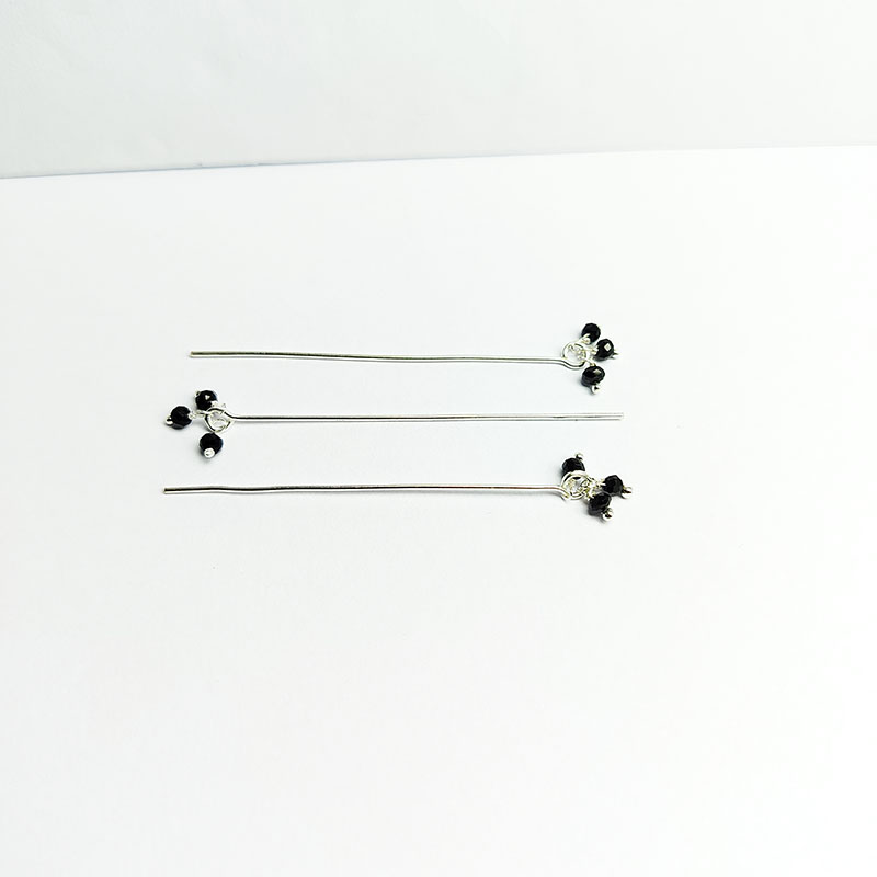 Handcrafted Silver Overlay India headpin with Black Crystal Quartz floral beads