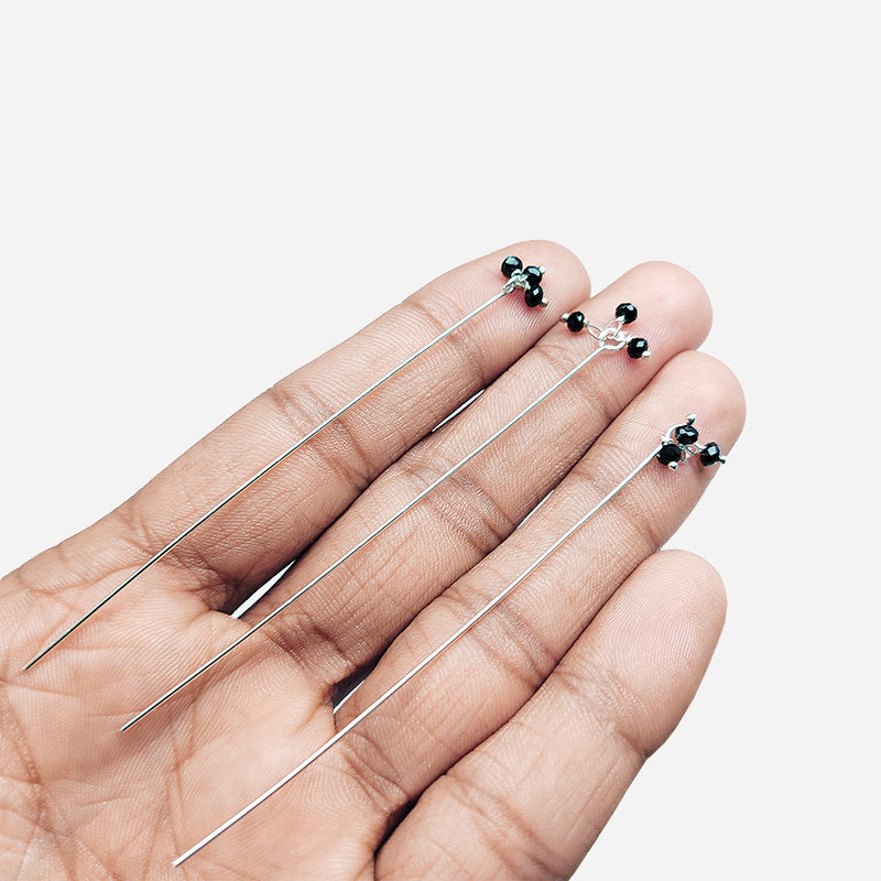 Handcrafted Silver Overlay India headpin with Black Crystal Quartz floral beads