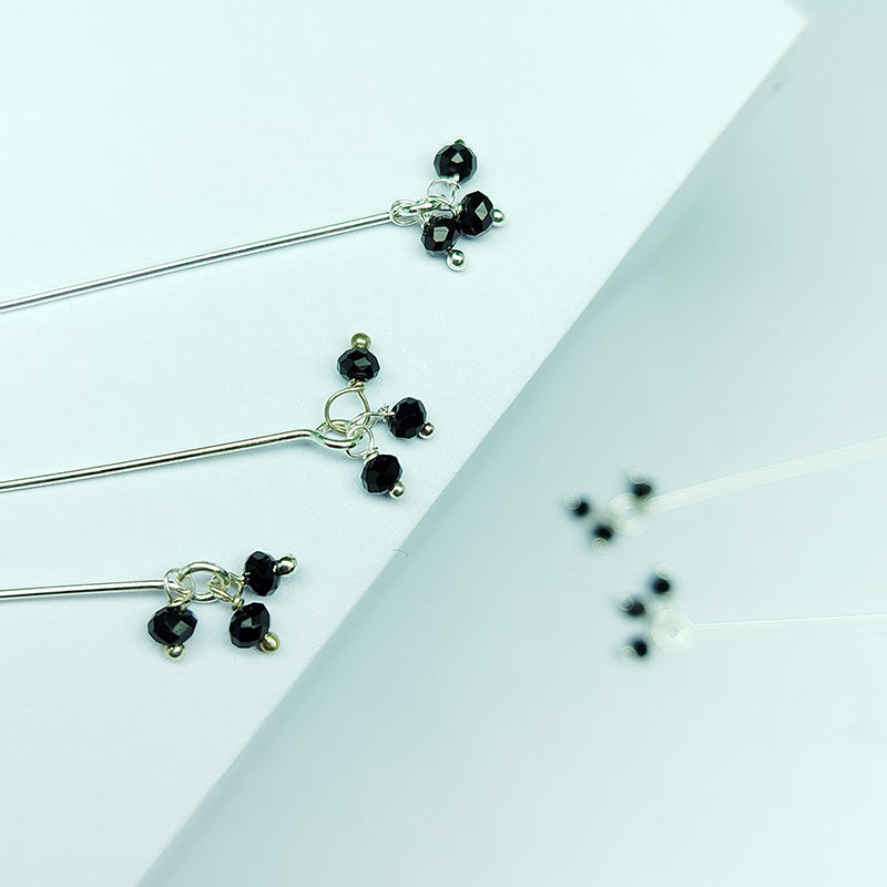 Handcrafted Silver Overlay India headpin with Black Crystal Quartz floral beads