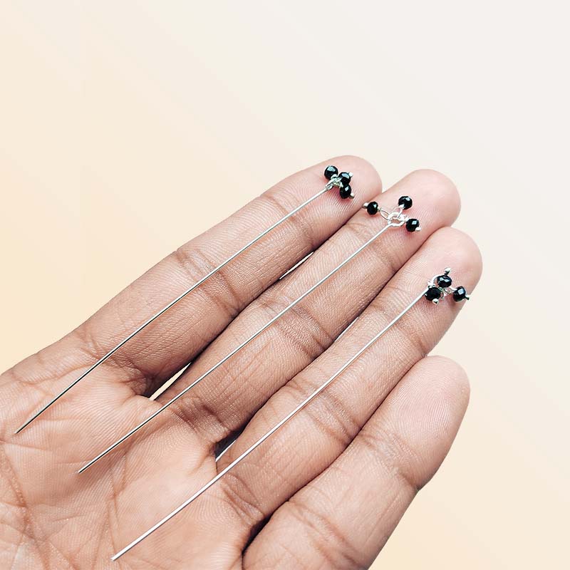 Handcrafted Silver Overlay India headpin with Black Crystal Quartz floral beads